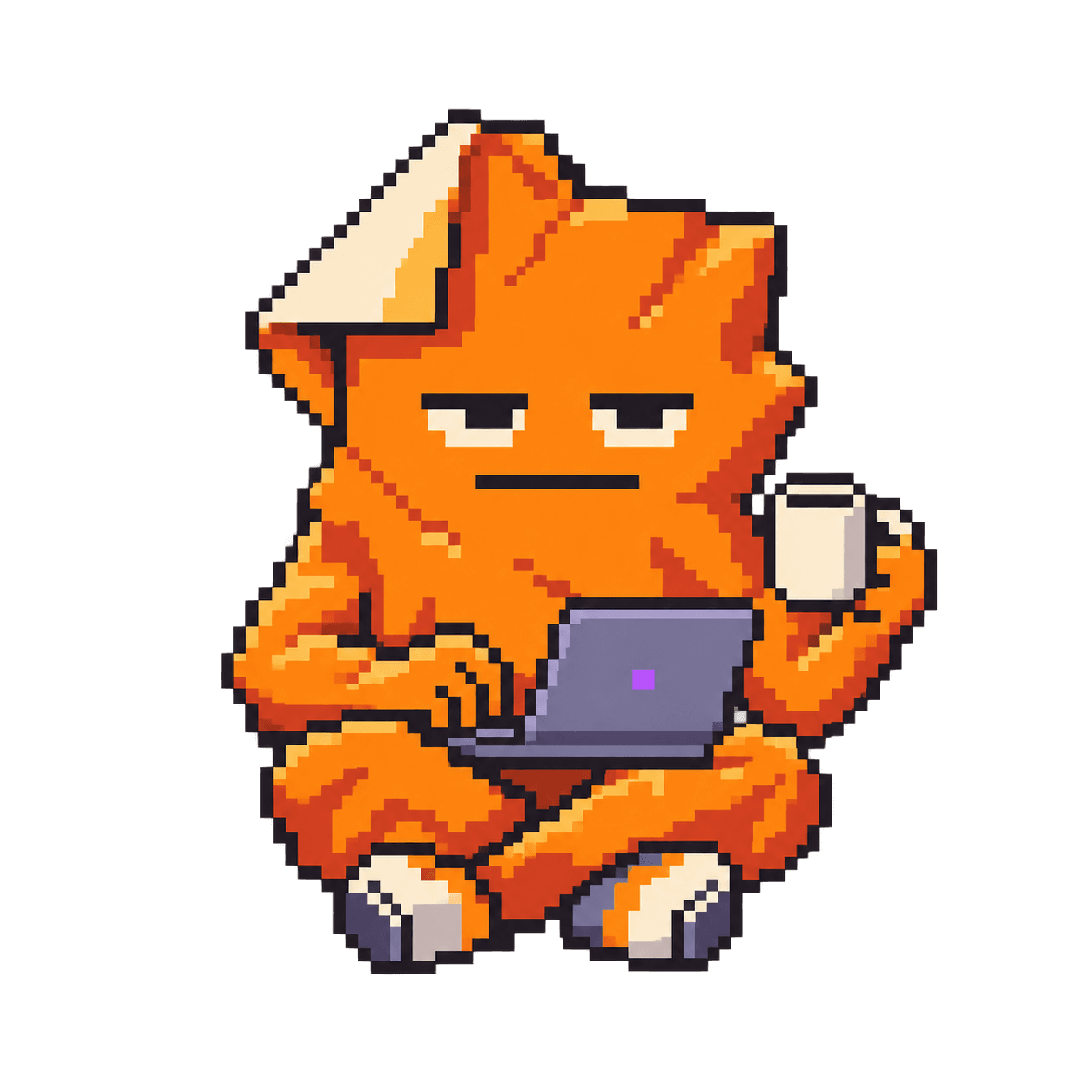 Sloppy, a rumpled orange pixel worker, coding with a laptop and a hot mug